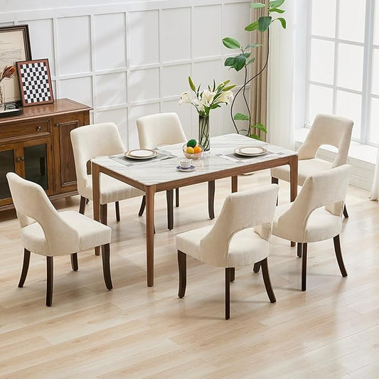 UVV Wooden Dining Chairs Set of 6, Mid Century Modern Fabric Upholstered Dining Room Chair Kitchen Chairs, Farmhouse Dinner Chair with Solid Wood Legs for Kitchen Dining Room, Beige