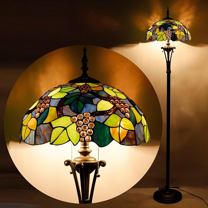 Tiffany Floor Lamp Purple Stained Glass Grape Standing Reading Light 16X16X70 Inches Antique Pole Corner Lamp Decor Bedroom Office Living Room