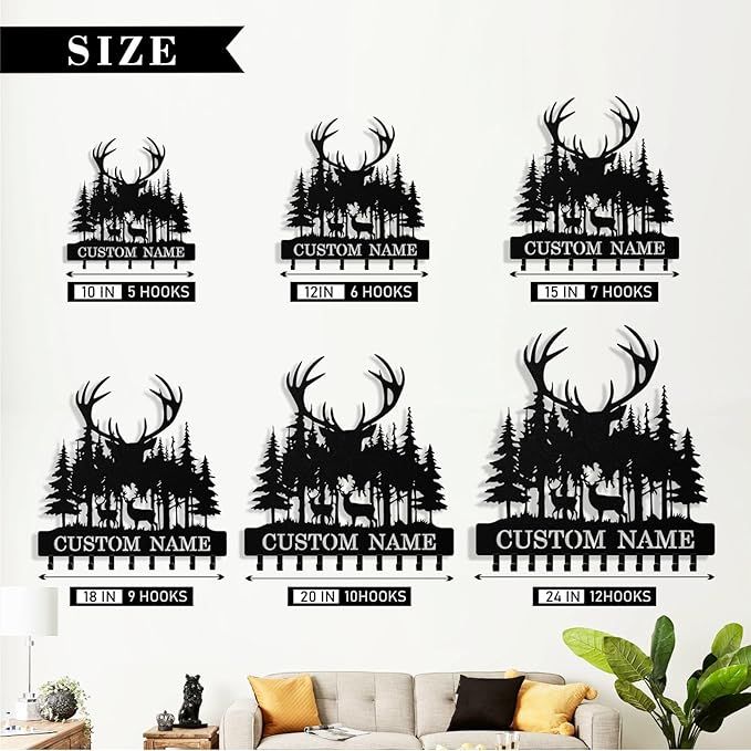 Personalized Deer Forest Key Holder Wall Mount, Custom Metal Keys Hanger for Wall with Name, Custom Key Rack Holder with Hooks for Entryway, Front Door, Hallway, Living Room, Kitchen