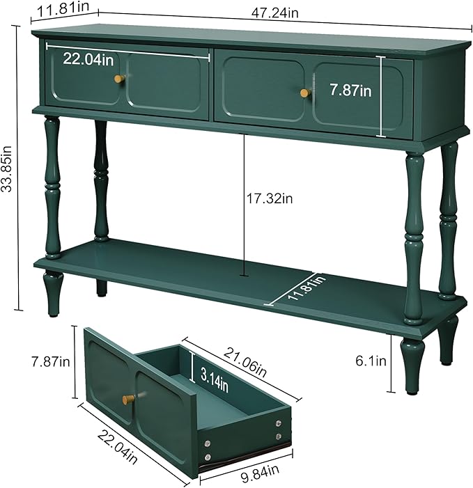 ARTPOWER Mid-Century Console Table for Entryway with 2 Drawers, Green Retro Entryway Table with Storage Cabinets and Open Shelf, Narrow Long Couch Table Behind Sofa for Living Room, Foyer, Hallway