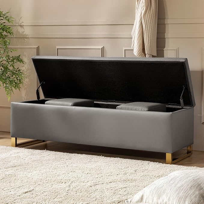 EcoHarbor Living Storage Ottoman Bench with Throw Ottomans, Modern End of Bed Bench, Upholstered Footrest Stool with Gold Legs for Living, Bedroom, Entryway and Hallway(Grey 60inch)