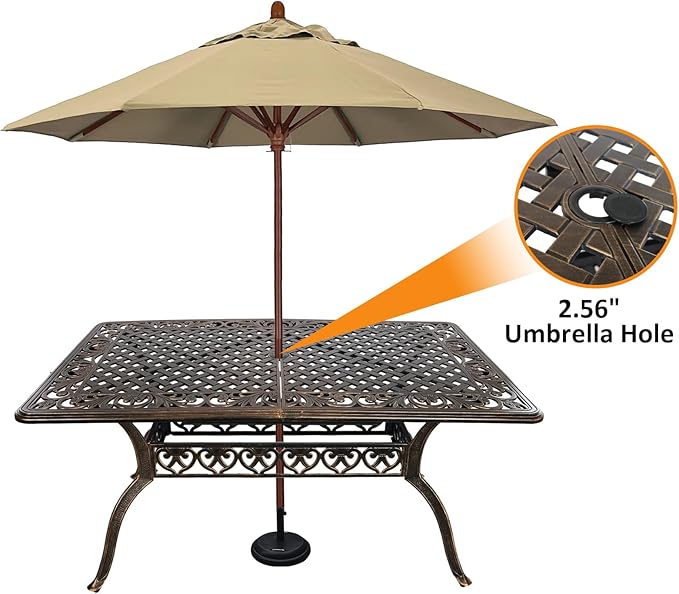 60" Rectangular Patio Dining Tables for 6 Person Cast Aluminum Round PatioTable with 2.5" Umbrella Hole, Wrought Iron Patio Bistro Table Metal Outdoor Bistro Dining Table for Garden,Bronze