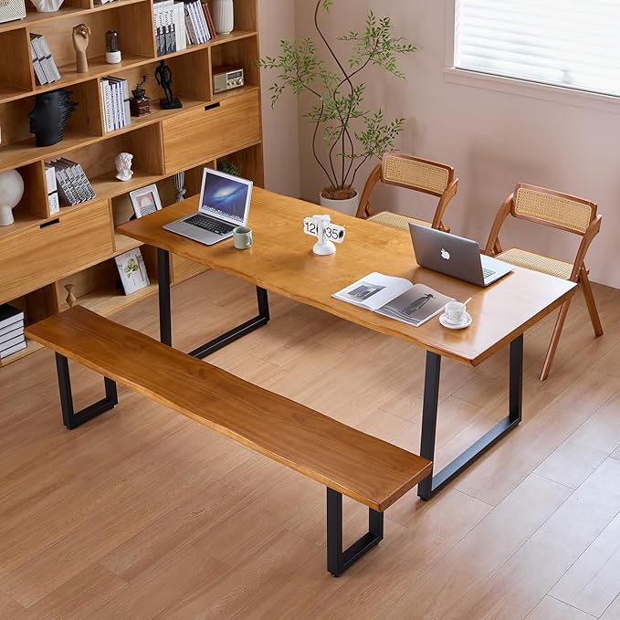 Durable Solid Wood Top Bench with Sturdy Metal Legs – Versatile Dining & Office Seating - Multi-Size Options Ideal for Living Room, Dining Room, and Home Office(Dark yellowbench, 62.99in)