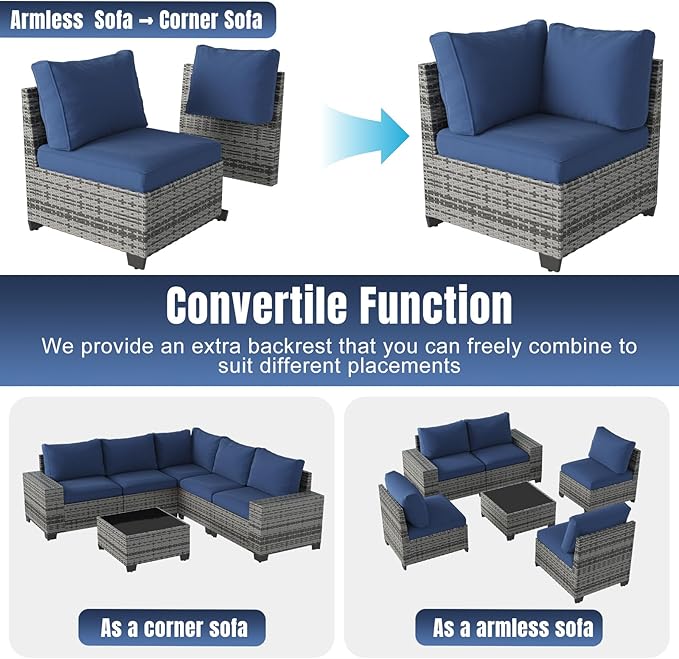 Aoxun 6 Pieces Patio Furniture Set Wicker Rattan Outdoor Sectional Conversation Set with Coffee Table and 4” Thickened Cushions, Gray Blue(Waterproof Cover Included)