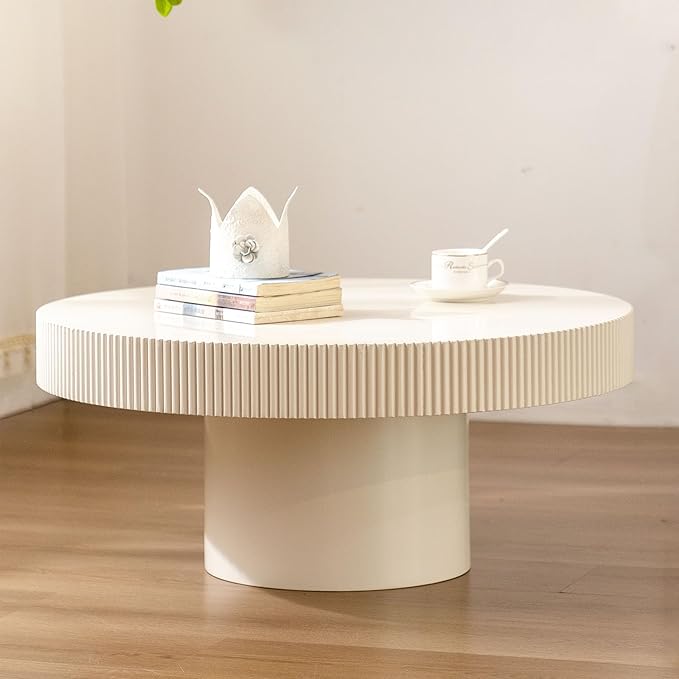 Round Coffee Table, Handcrafted Fluted Drum Coffee Tables Modern Wood Coffee Table Circle Drum Center Table for Living Room, Apartment (White Thin)