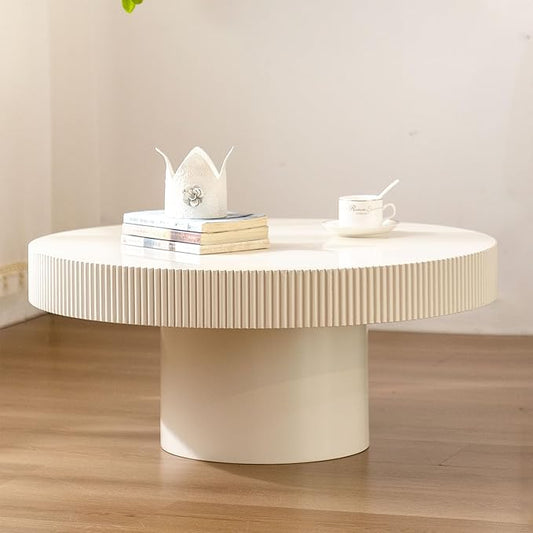 Round Coffee Table, Handcrafted Fluted Drum Coffee Tables Modern Wood Coffee Table Circle Drum Center Table for Living Room, Apartment (White Thin)