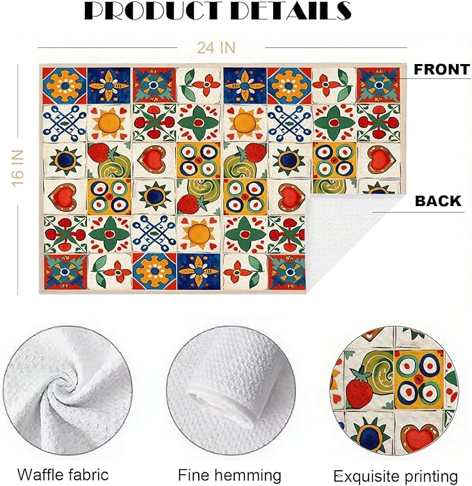 Spanish Kitchen Towels, Mediterranean Colorful Tile - Pattern Waffle Towels 16x24 Inch, Floral & Fruit Dish Towels Decor for Kitchen, Spanish Inspired Hand Towel for Bathroom Decor.
