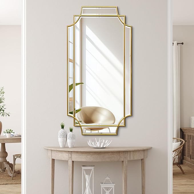 Gold Beveled Mirror, 24"x47.2" Bathroom Mirrors for Over Sink, Large Rectangle Vanity Mirror, Modern Elegant Decorative Mirrors for Living Room Bedroom Fireplace Entryway Hallway