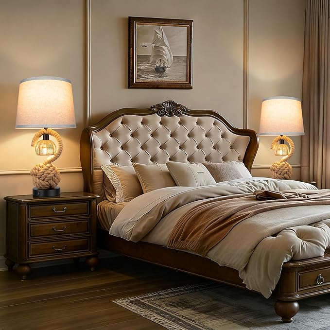 22" Rope Lamps for Night Stands, Dual-Lights Bedside Lamps Set of 2, Boho Table Lamps for Living Room, 3-Color Temperatures Boho Lamp with Rotary Switch, Rattan Lamp with USB Ports, 4 Bulbs Included