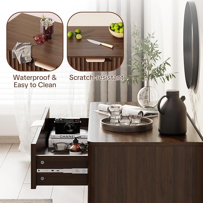 Sideboard Buffet Cabinet with Storage - Modern Fluted Credenza with Doors & Drawer, Accent Cabinet Coffee Table Bar Counter Bookcase for Living Room Kitchen Dining Room Entryway 31" H Walnut