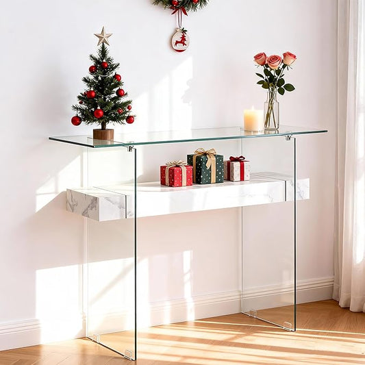 ivinta Glass Entry Table with Storage, 39.4" Modern Console Table for Living Room, Foyer, Hallway, Bedroom 5101 (White)