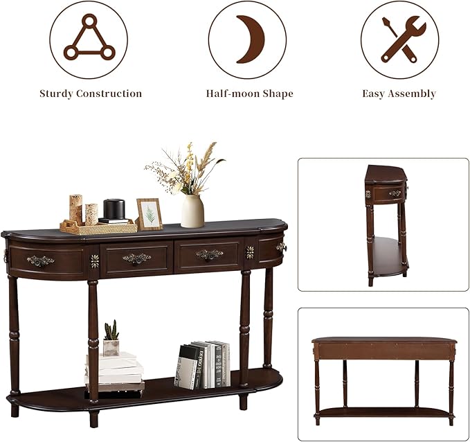 HMFULE Retro Curved Console Table, 52" Half Moon Console Table Sofa Table Entryway Table with 2 Drawers 1 Open Shelf Solid Pine Legs for Living Room,Entryway,Hallway,Espresso