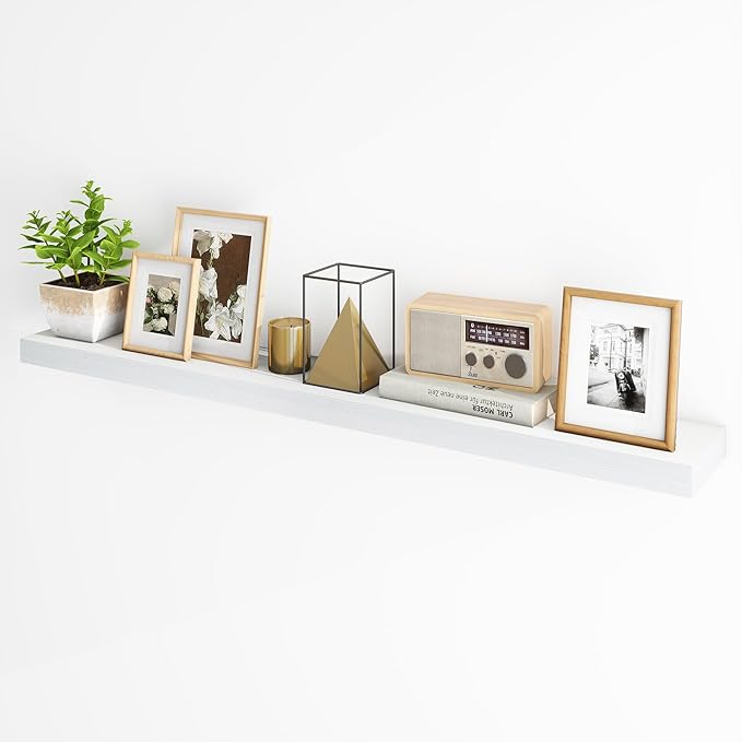 Fun Memories 55 Inch Fireplace Mantel - Long Floating Shelf, Wall Mounted Farmhouse Display with Invisible Heavy Duty Metal Bracket, White