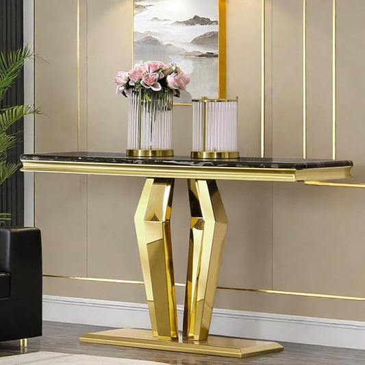 Gold Console Table, Black and Gold Sofa Table, 50 inch Entrance Table with Polished Geometric Base for for Entryway, Living Room, Hallway