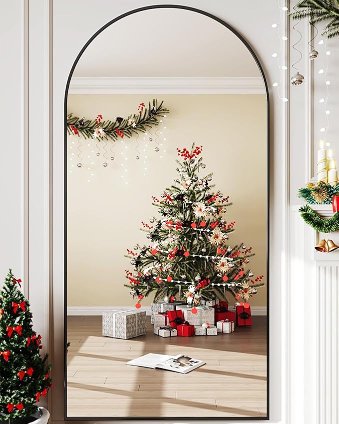 Full Length Mirror, 78"x38" Arched Floor Mirror Freestanding, Floor Standing Full Body Mirror with Stand for Bedroom, Hanging Mounted for Living Room Cloakroom, Black