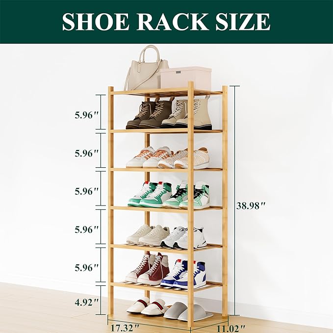 Smiry Shoe Rack, 6 Tier Small Bamboo Shoe Organizer, Stackable Free Standing Wooden Shoe Storage Shelf for Closet, Entryway, Front Door Entrance, Natural