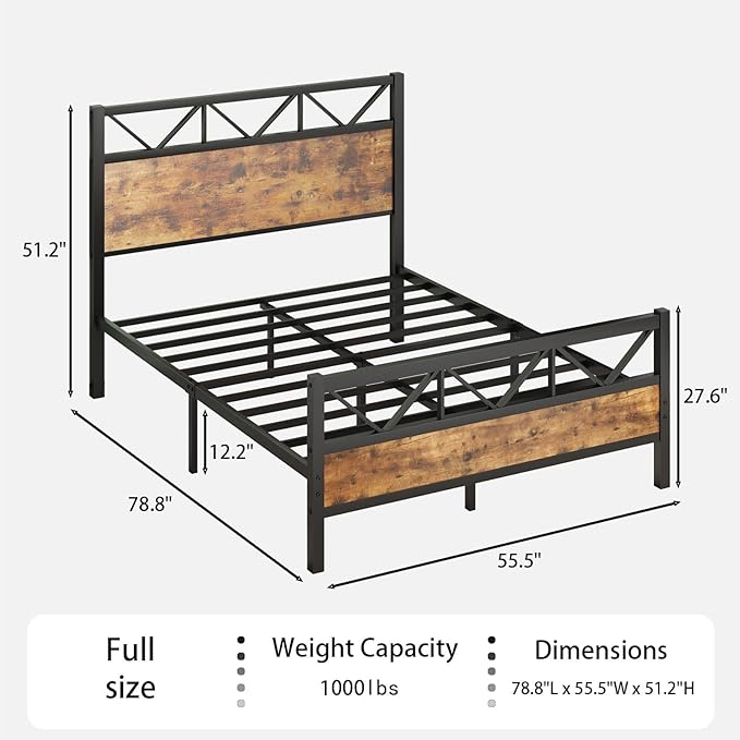 Full Size Bed Frame with 51.2" Tall Headboard, Platform Bed Frame with Metal Support, Solid and Stable, Noise Free, No Box Spring Needed, Rustic Brown