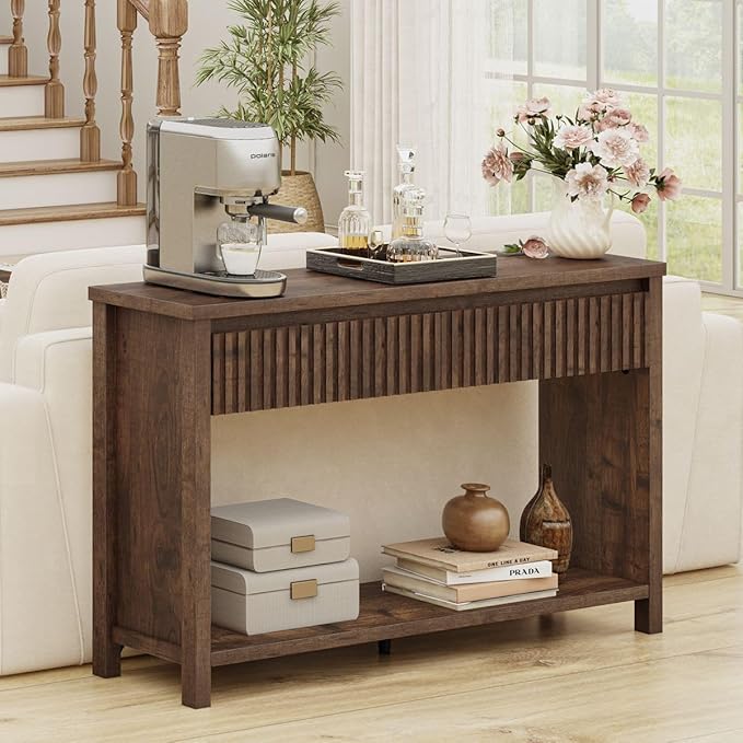 BON AUGURE Console Table with 2 Drawers, 47In Entryway Table with Storage, Sofa Tables with Two-Tier Shelf, Narrow Farmhouse Fluted Couch Tables for Living Room, Rustic Oak