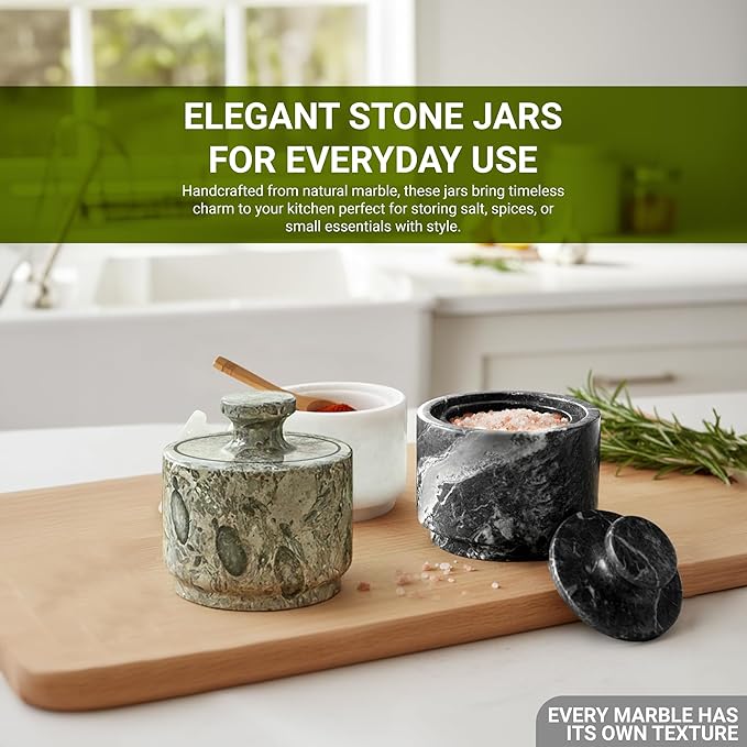 Natural Marble Salt Cellar With Lid - Stone Salt Container And Stone Salt Holder, Spice Jars For Counter, Candy Jar & Spice Jar, White