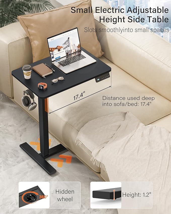 FiCiHi Small Electric Standing Desk - Adjustable Height Bedside Laptop Table with Wheels, Mobile, Rolling Computer Sit Stand Desks, Movable, Home Office, Sofa, Couch Use (24x16,Black)