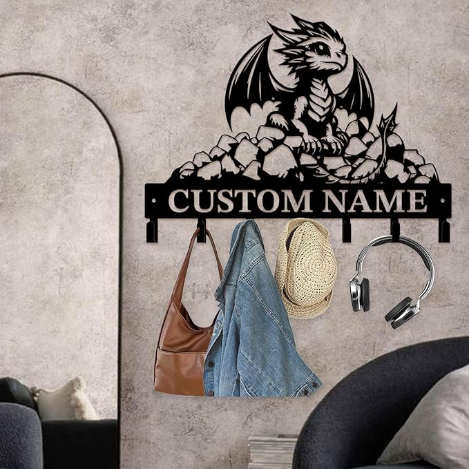 Customized Name Key Hook - Evil Dragon Design Keys Holder Decor Black Iron Metal Wall Organizer for Home & Office (Multiple Sizes) (Style C)