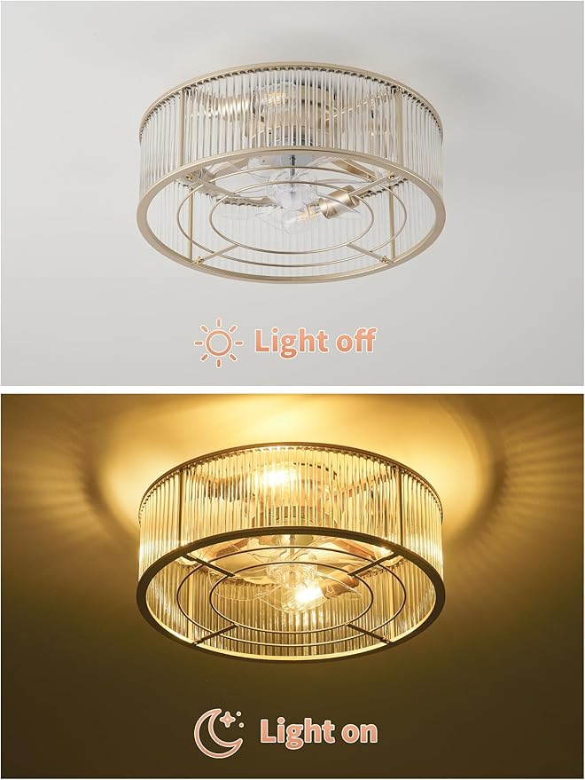 God Crystal Ceiling Fans with Lights, 20" God Mid-Century Ceiling Fan with Light Flush Mount, Modern with 6 Speeds, Remote Control for Bedroom, Nursery, Living Room