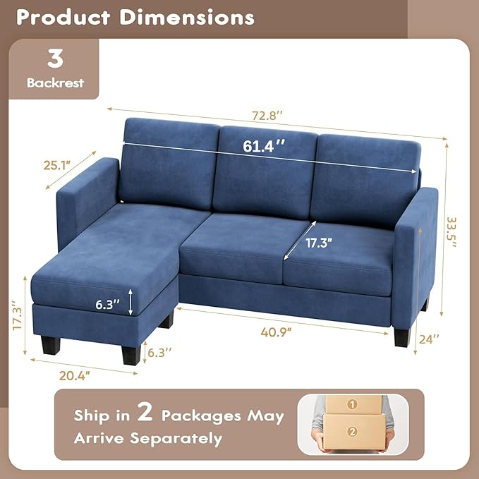 VICTONE Convertible Sectional Sofa Couch, 3 Seat L-Shaped Sofa with Linen Fabric Ottoman Small Couch for Small Apartments, Living Room and Office (Linen Fabric, Blue)