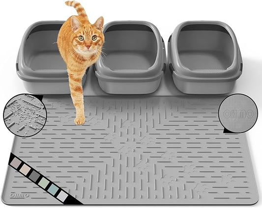 OHMO Cat Litter Mat XXL Trapping Mat Premium Silicone Rubber 37.5x25.2 Grey, Waterproof and BPA Free Kitty Litter Box Mat, Easy to Clean and Keeps The Floor Tidy