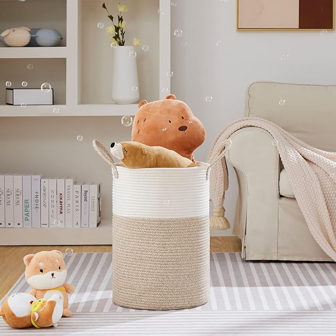 VIPOSCO Large Laundry Hamper, Tall Woven Rope Storage Basket for Blanket, Toys, Dirty Clothes in Living Room, Bathroom, Bedroom - 72L White & Brown