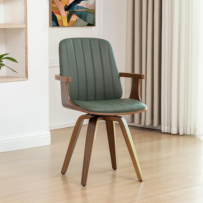 Set of 1 MCM Dining Chair, Mid Century Modern Chair with Walnut Craftsmanship, Upholstered Faux Leather, Wooden Arms and Legs, Faux Leather Dining Chair for Kitchen/Living Room - Green