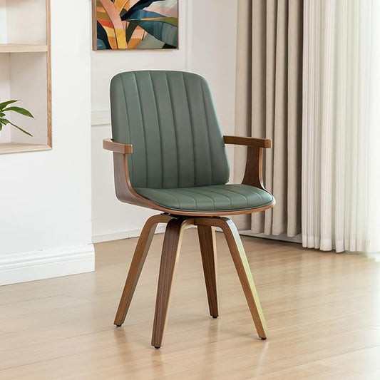 Set of 1 MCM Dining Chair, Mid Century Modern Chair with Walnut Craftsmanship, Upholstered Faux Leather, Wooden Arms and Legs, Faux Leather Dining Chair for Kitchen/Living Room - Green