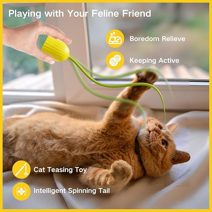 Interactive Electric Cat Teaser Wand Toys with Silicone Tail, Rechargeable Exercise Toy for Indoor Cats and Kittens (Yellow)