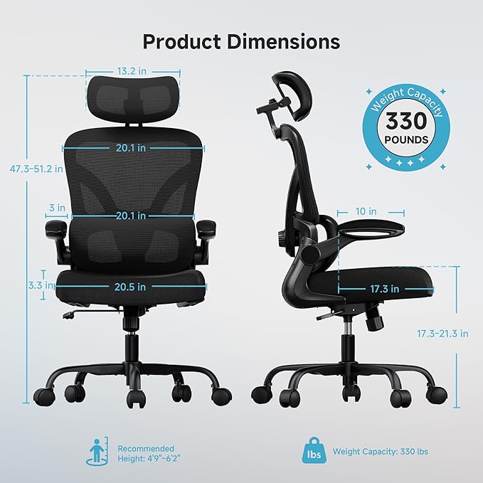 Ergonomic Office Chair with Adjustable Lumbar Support & Headrest, High Back Mesh Chair with Flip-up Armrests for Long Hours, 330 lbs Home Office Desk Chair, Black