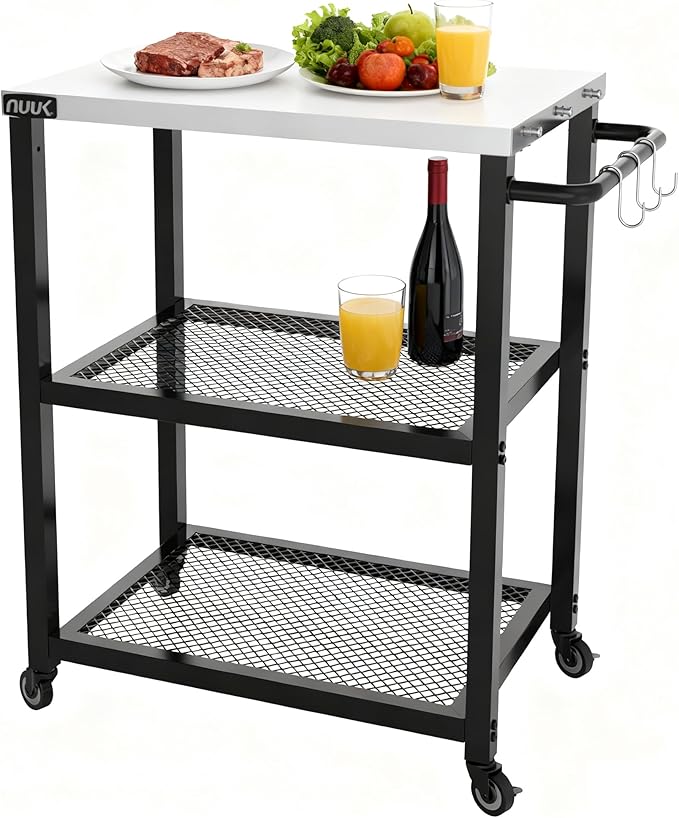 NUUK Grill Cart 16" x 24" Dining Prep Table 3-Shelf Kitchen Worktable Rolling Outdoor Pizza Oven Carts with Stainless Steel Top for Outside BBQ Tables