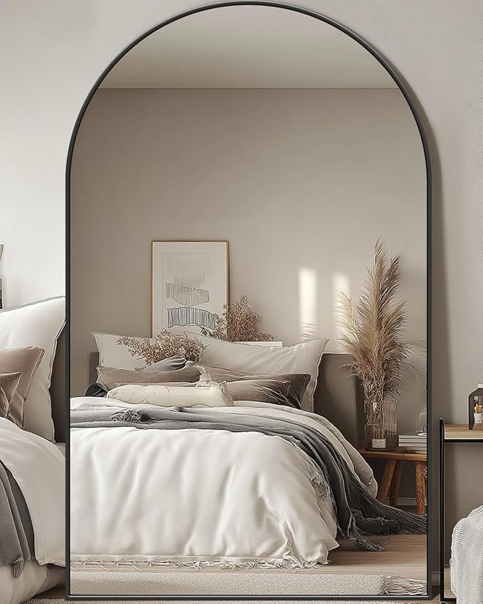 Full Length Mirror, 72"x44" Floor Mirror Freestanding, Oversized Floor Standing Mirror Full Body Mirrors with Stand for Bedroom, Hanging Mounted Mirrors for Living Room, Black, Arched
