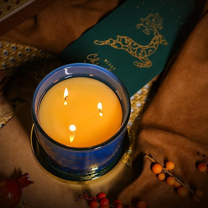 Fall Scented Candles for Home, 10.9oz 3 Wicks Aromatherapy Candle,25hrs burn time, Autumn Scented Candle Gift for Men and Women, Teak Mahogany, TCGG8100A-C