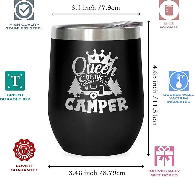 Queen of The Camper Wine Tumbler, Camping Gifts Coffee Mug Cup, Camp Wine Glass Stemless Tumblers with Lid Stainless Steel Insulated Vacuum, RV Gifts for Women Camper Travel Outdoors 12 Oz