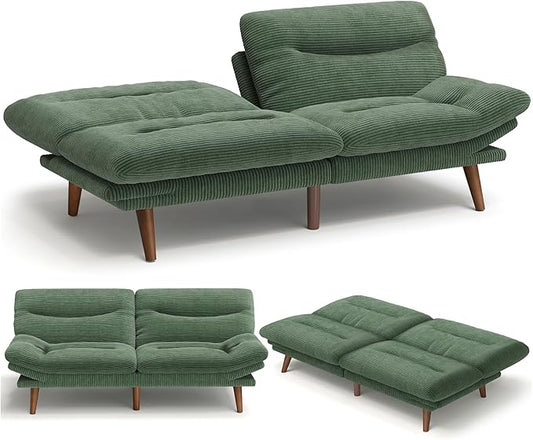 AMADA 66"Convertible Futon Sofa Bed, Corduroy Folding Futon Set with Adjustable Backrest &Armrests, Recliner Lounge for Living Room, Apartment or Office, Solid Wood Frame, Loveseat Sofa -Forest Green