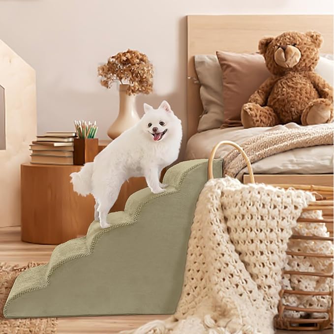 5 Steps Dog Stairs for Bed, 24" Dog Steps for High Bed, High Density Pet Steps for Small Dogs, Extra Wide Non-Slip Dogs Ramp for Injured, Older Pets, Small Cats, Camel