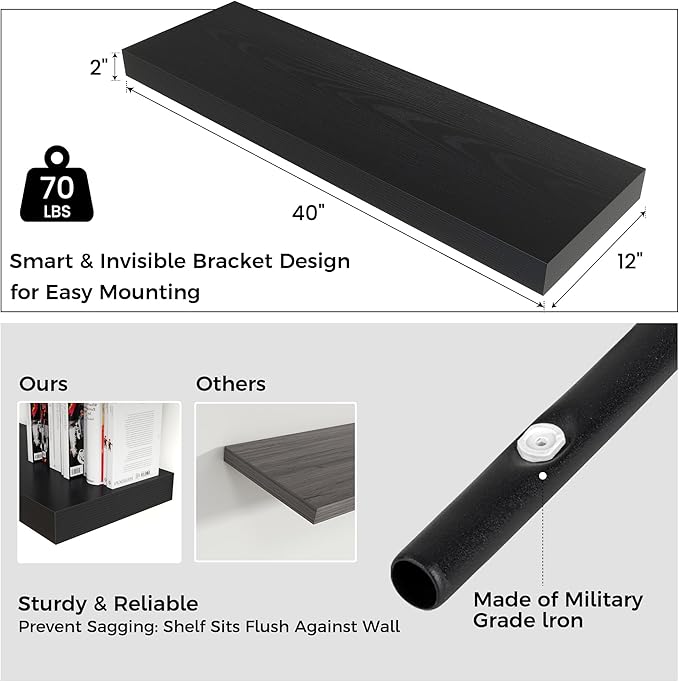 Floating Shelves for Wall, 40" W x 12" D x 2" H, 1 Pack of Long Wall Mounted Engineered Wood Shelves with Invisible Brackets for Living Room, Bedroom, Bathroom, Kitchen Decor, Black