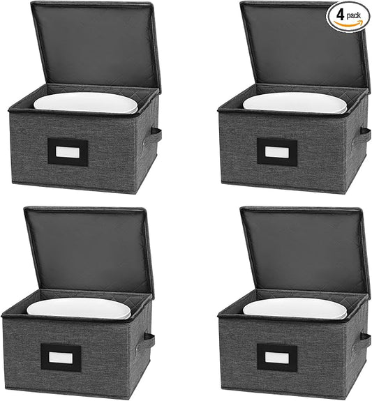 Mayniu China Storage Containers Hard Shell, 12" Plate Storage Containers for Dishes, Stackable Dinnerware Storage with 48 Felt Dividers (4 Pack Black)
