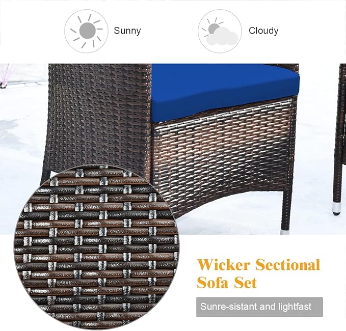 Goplus 4-Piece Rattan Patio Set, Outdoor/Indoor Wicker Conversation Set for Pool, Backyard, Lawn, Wicker Chairs and Sofa with Soft Cushion, Rattan Furniture with Tempered Glass Coffee Table