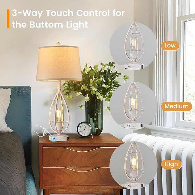 27.8" Farmhouse Table Lamps for Living Room Set of 2 - Beside Touch Lamps for Bedroom with USB C+A, Rustic Vintage Retro Lamps for Night Stands, Bulbs Included (White)