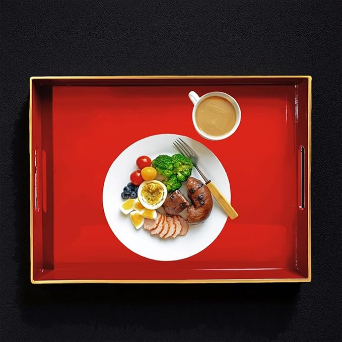 Large Red Rectangular Decorative Tray – Plastic Serving Tray with Handles for Coffee Table, Ottoman, Living Room, 15.7” x 11.8” x 1.6