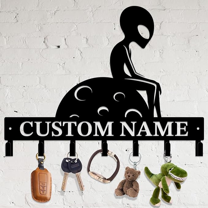 Personalized Custom Alien ET Metal Wall Keys Hooks,Clothes Hooks Alien ET Art coat racks,door holder,Black Alien ET decorations for home,Entrance doors,Hallway, Bedroom,Keys,Hats (Style D)
