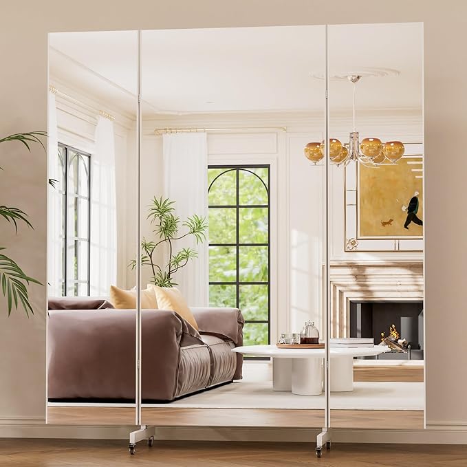 brisafe 67"x63" Folding Mirror with Wheels, 3-Panel Full Length Wall Mirror, Space-Saving Design, Shatterproof Nano Material, Portable Floor Mirror for Gym, Dance Studio, Home, Commercial Use, White