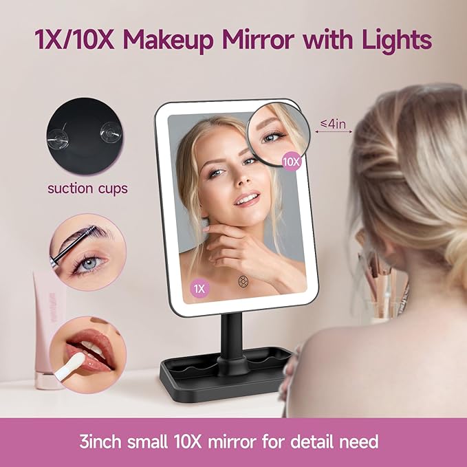 FUNTOUCH Vanity Mirror with Lights, Rechargeable 10X Magnification 3 Color Lighting Portable Tabletop Cosmetic Make Up Mirror, 360° Rotation Led Light up Mirrors with Storage,White