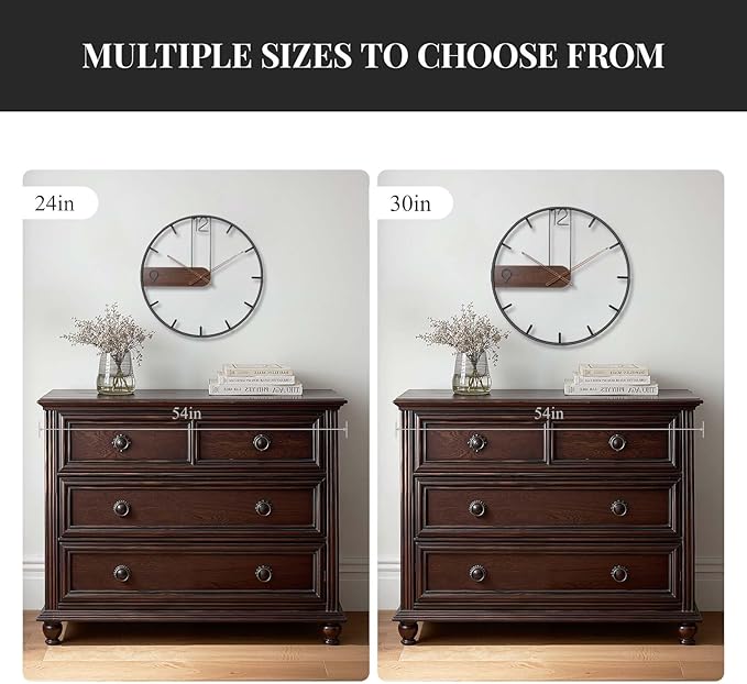 Modern Large Wall Clock 24 Inch, Wood Metal Frame Silent Non Ticking Battery Operated Wall Clocks Decoration for Living Room, Bedroom, Kitchen, Minimalist Walnut Dial Arabic Numerals
