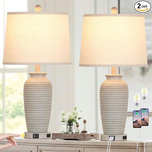 25" Farmhouse Jar Table Lamps Set of 2, 3 Way Touch Control Rustic Bedside Lamps with USB A+C Ports & AC Outlet, Pot Nightstand Lamps for Bedroom Living Room (LED Bulbs Included)