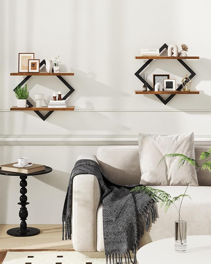 IBUYKE Floating Shelves,15 Inch Wall Shelf Set of 2,Wall Mounted Shelves,2 Tier Hanging Decorative Storage Shelf for Living Room, Bedroom, Bathroom, Kitchen TFS003H-2